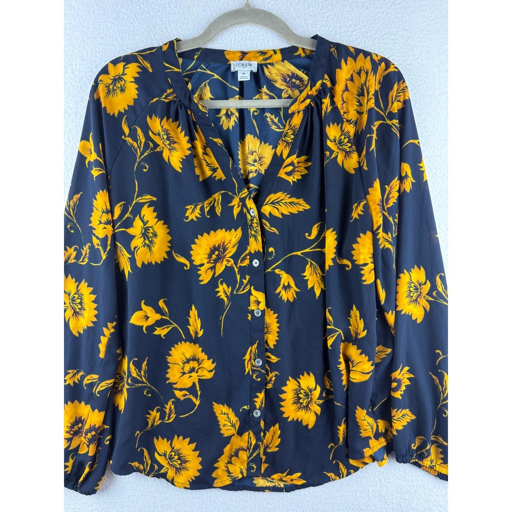 J.Crew Womens Navy Blue Yellow Floral Button Down Blouse Top Size M Long Sleeve